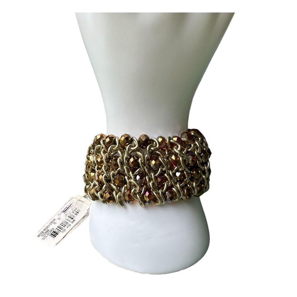 Cuff‎ Chain Link Bracelet 7 Inch Aurora Borealis Rhinestones Gold Stretch NWT
